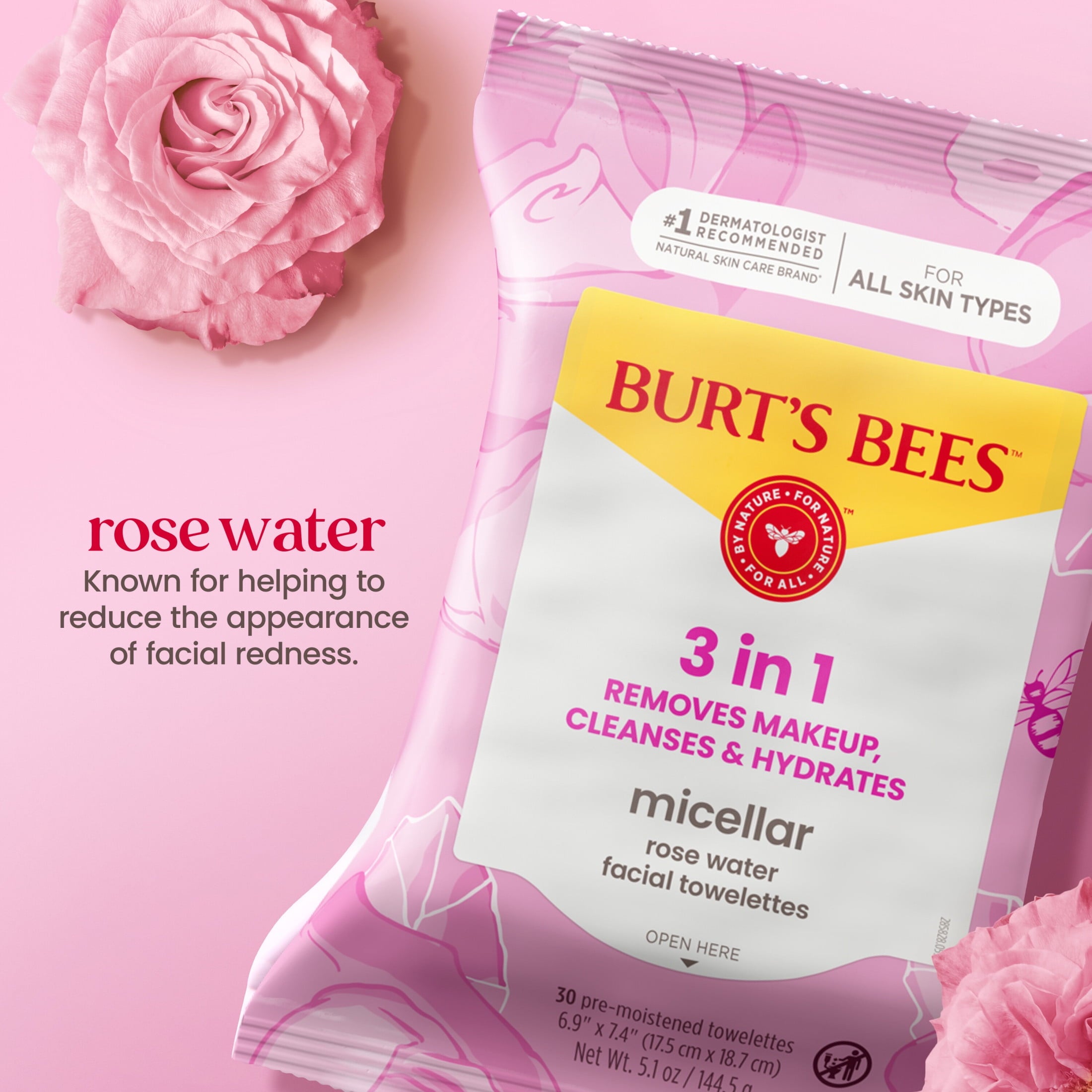 Burt's Bees Micellar Rose Water Facial Towelletes Value Twin Pack, 60 Count Total