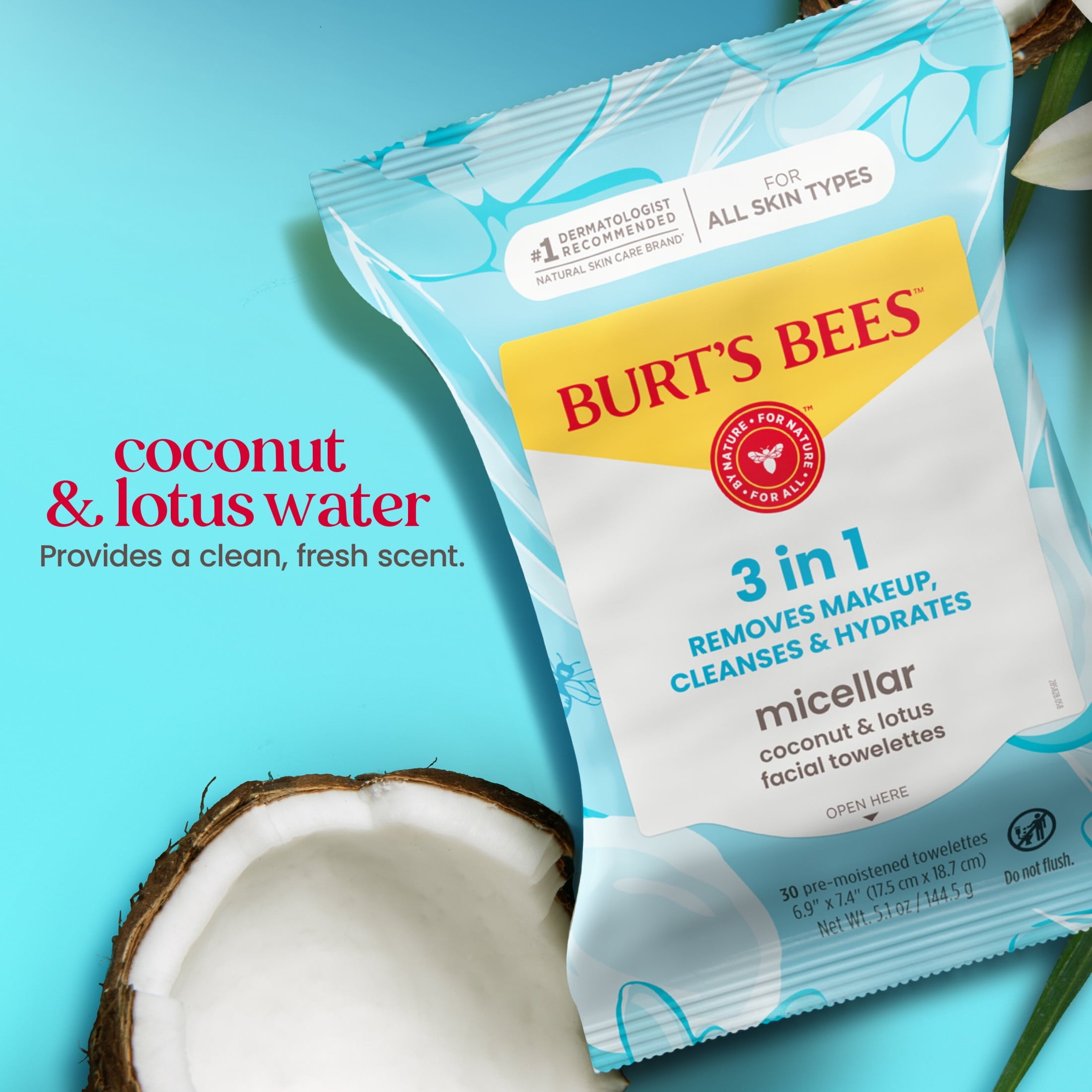 Burt's Bees Micellar Coconut and Lotus 3-in-1 Makeup Removing and Cleansing Wipes, 30 Count
