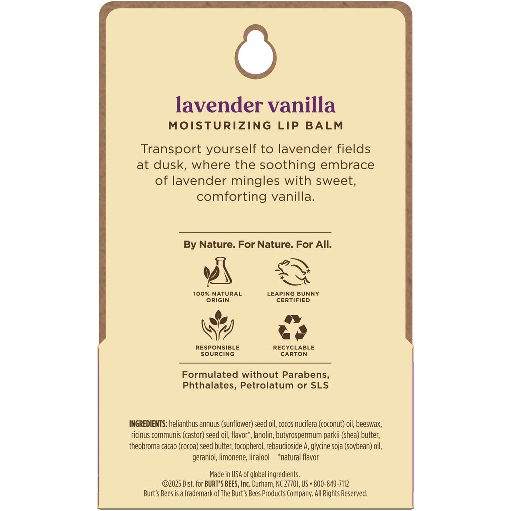 Burt's Bees Lavender Vanilla Moisturizing Lip Balm, 100% Natural Origin Lip Care, 2 Tubes, 0.15 oz.