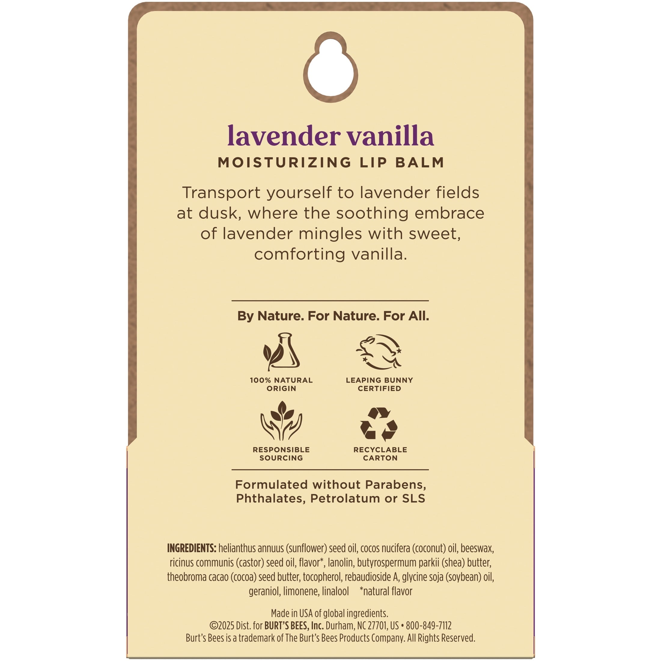 Burt's Bees Lavender Vanilla Moisturizing Lip Balm, 100% Natural Origin Lip Care, 2 Tubes, 0.15 oz.