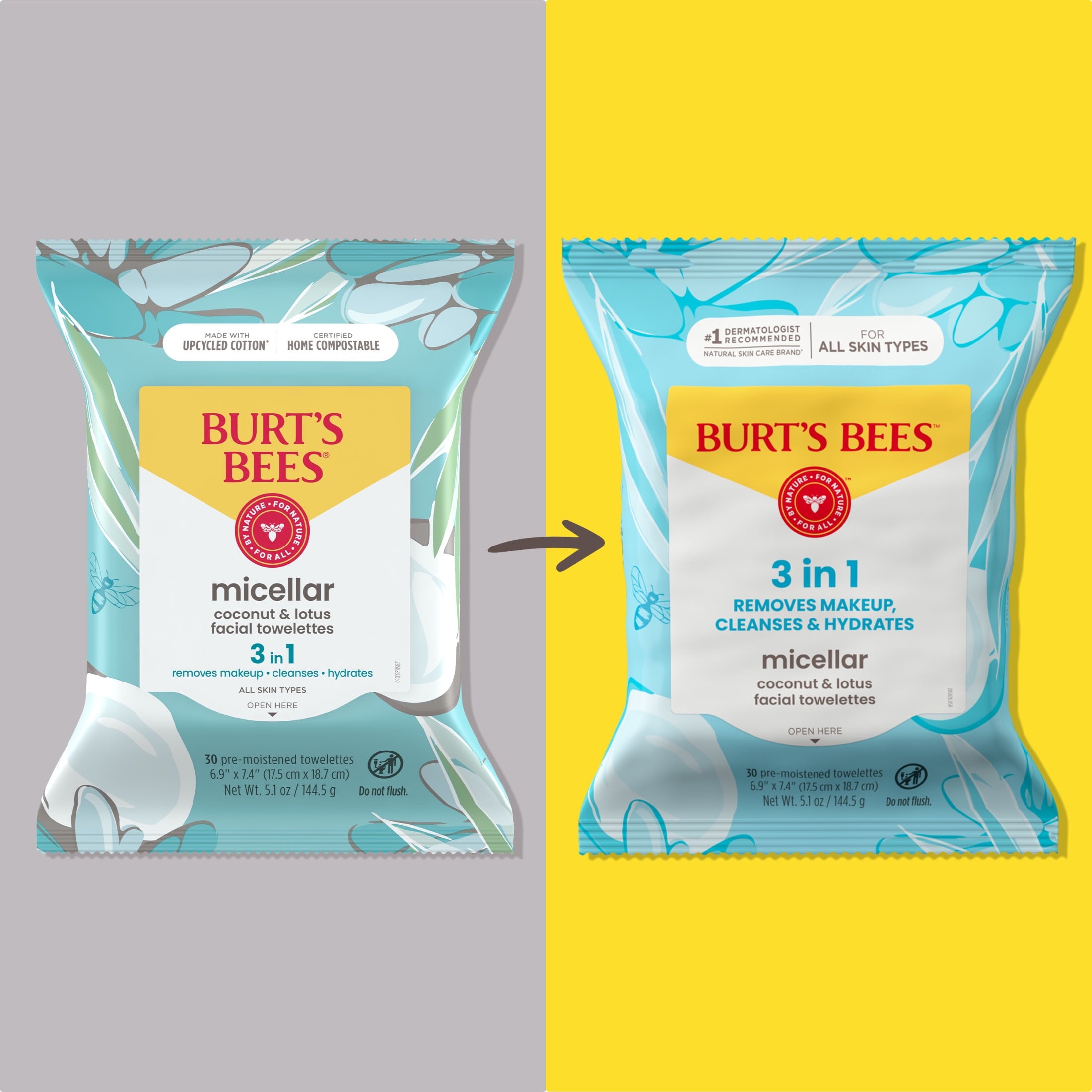 Burt's Bees Micellar Coconut and Lotus 3-in-1 Makeup Removing and Cleansing Wipes, 30 Count