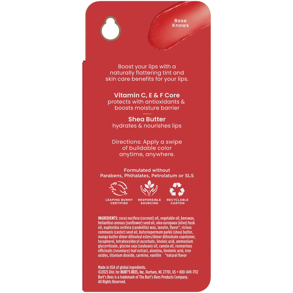 Burt's Bees Rose Knows Tinted Boosted Lip Balm, Natural Origin Lip Care, Moisturizing Lip Balm for Dry Lips, 1 Tube, 0.16 oz.
