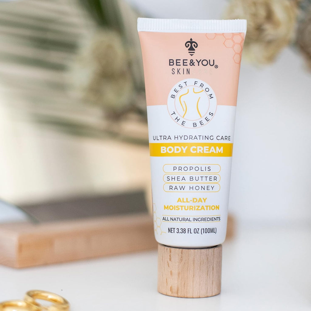BEE and YOU Ultra Hydrating Natural Body Cream, Fast Absorbing & Extra Protection with Shea Butter, Argan Oil, Vitamin B5, Raw Honey and Bee Propolis, 3.38 fl. oz…