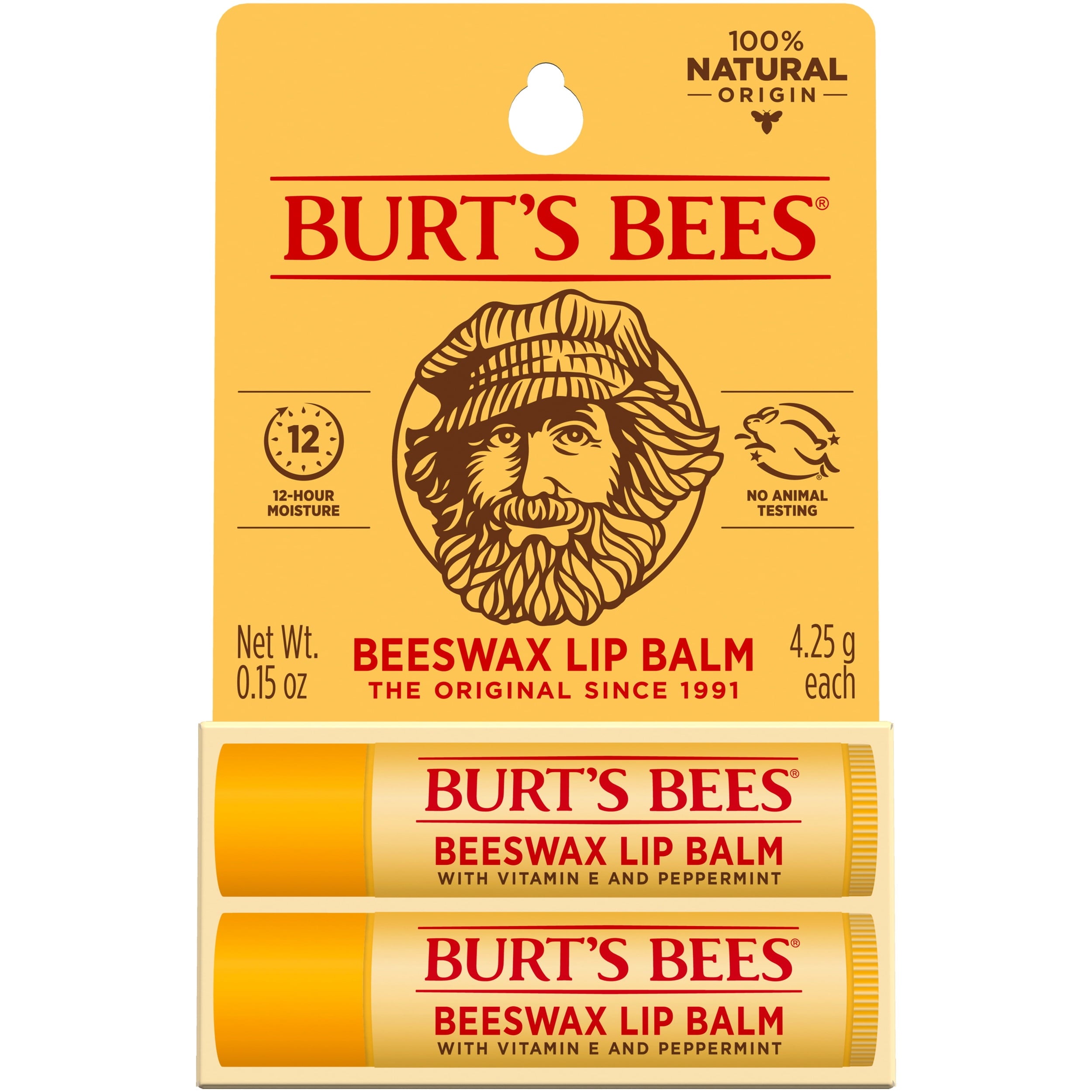 Burts Bees 100% Natural Origin Moisturizing Lip Balm, Original Beeswax, 2 Tube