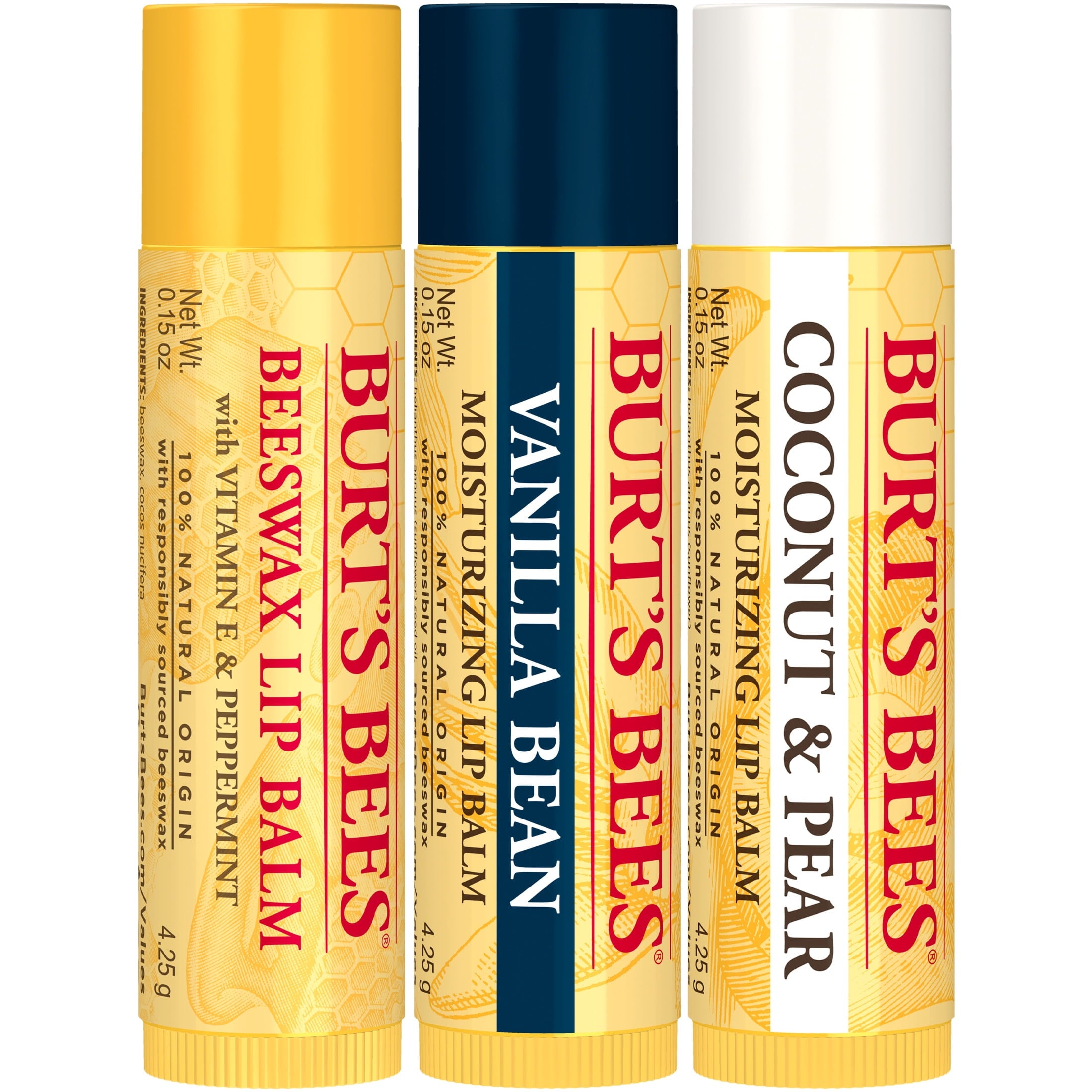 Burt's Bees Beeswax, Vanilla Bean, and Coconut and Pear Lip Balm Pack, Natural Origin Lip Care, 3 Pack