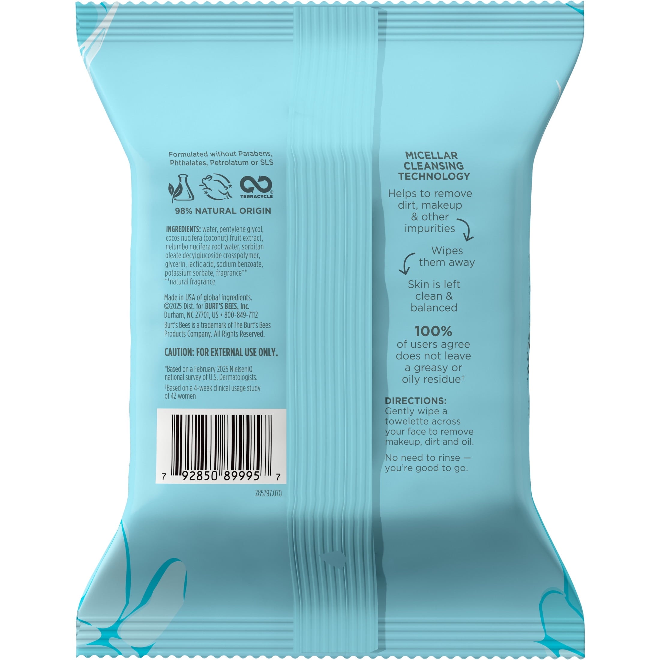 Burt's Bees Micellar Coconut and Lotus 3-in-1 Makeup Removing and Cleansing Wipes, 30 Count