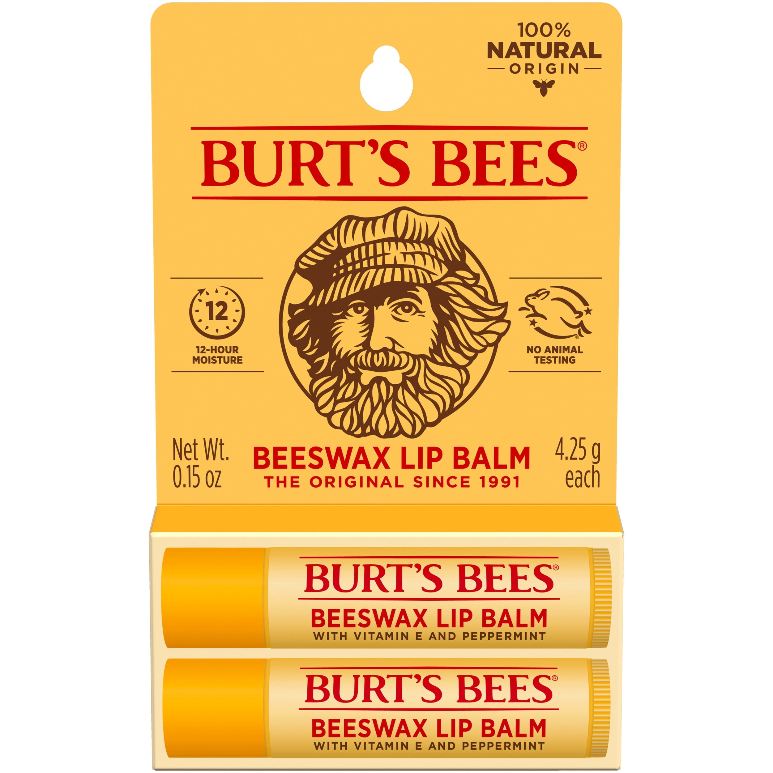 Burts Bees 100% Natural Origin Moisturizing Lip Balm, Original Beeswax, 2 Tube