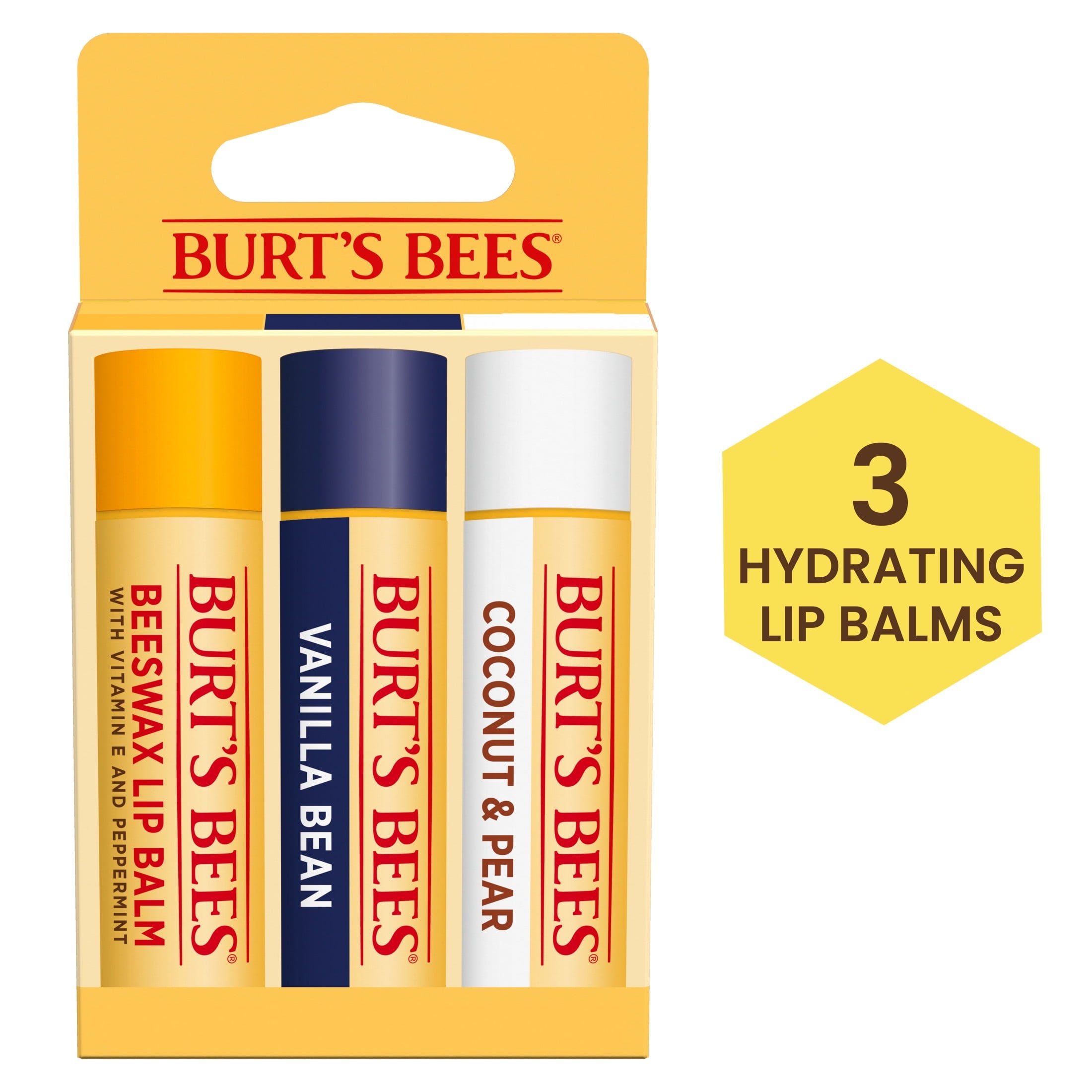 Burt's Bees Beeswax, Vanilla Bean, and Coconut and Pear Lip Balm Pack, Natural Origin Lip Care, 3 Pack