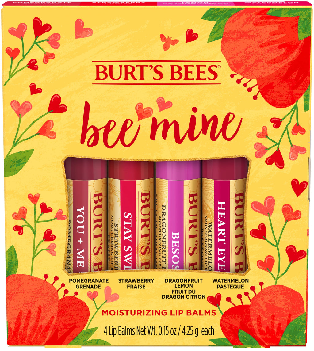 Burt's Bees Bee Mine Lip Balm Gift Set, Strawberry, Dragonfruit Lemon, Pomegranate and Watermelon, 4 Personalized Lip Balms