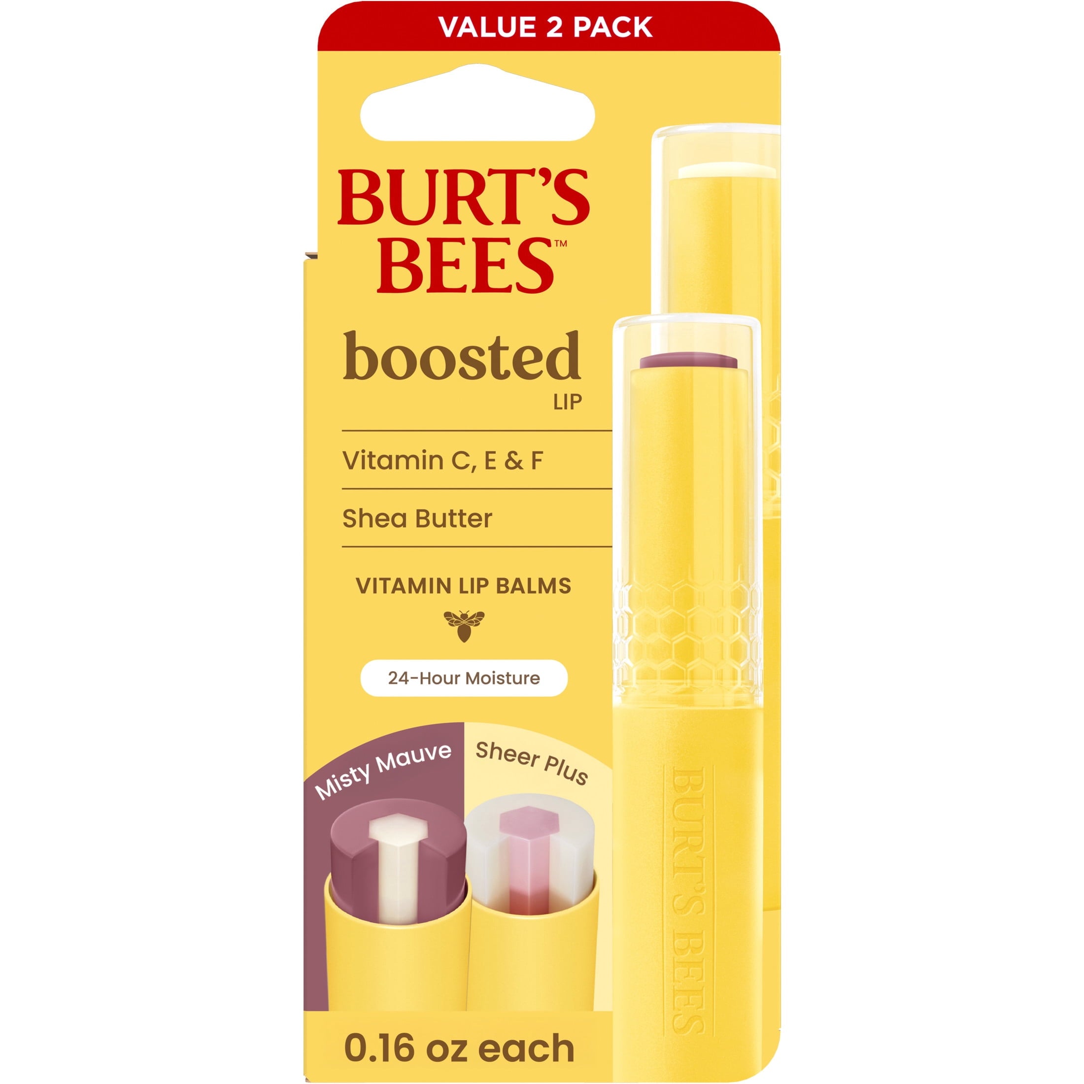 Burts Bees Boosted Tinted Lip Balm Variety Pack, Misty Mauve and Sheer Plus, 2 Pack, 0.16 oz