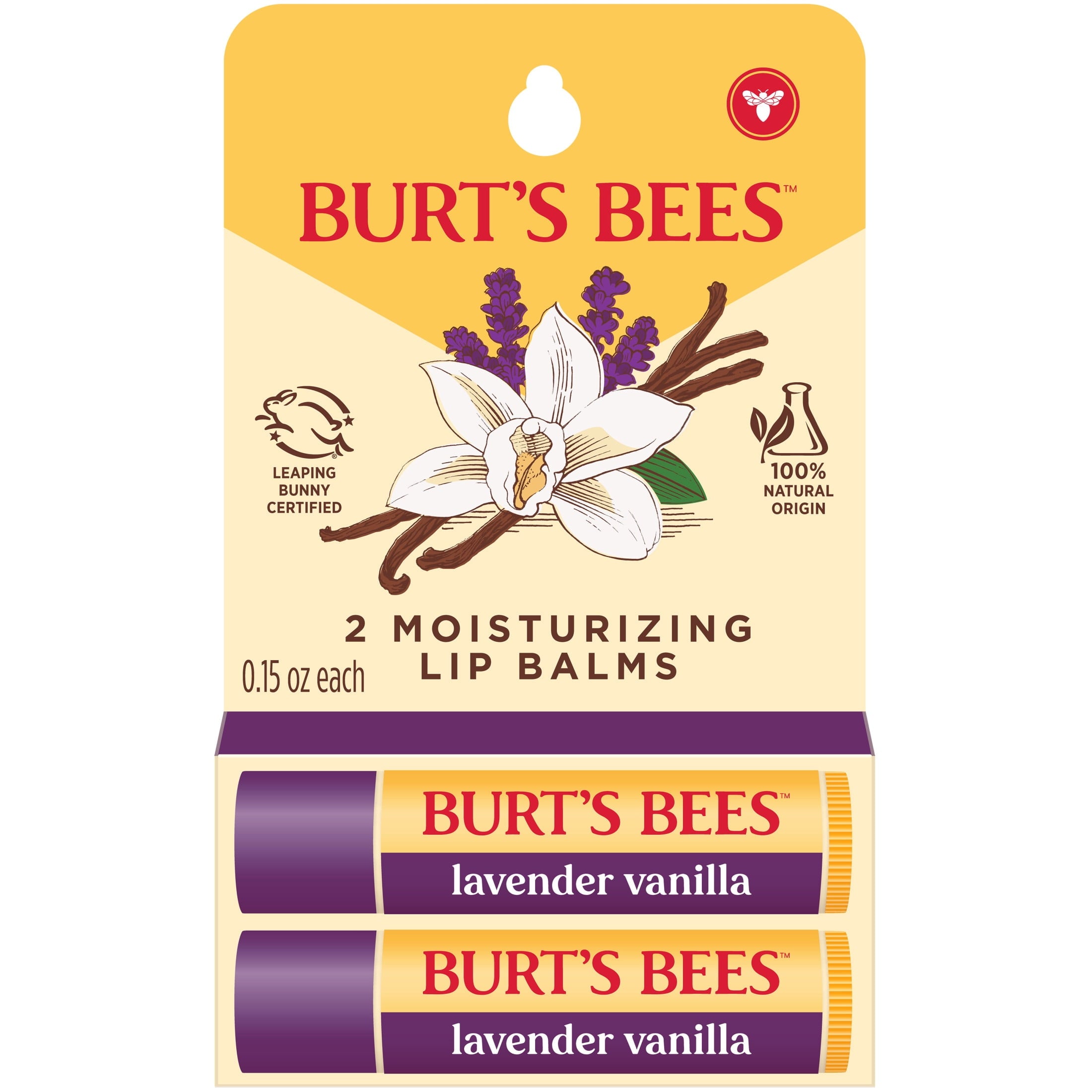 Burt's Bees Lavender Vanilla Moisturizing Lip Balm, 100% Natural Origin Lip Care, 2 Tubes, 0.15 oz.