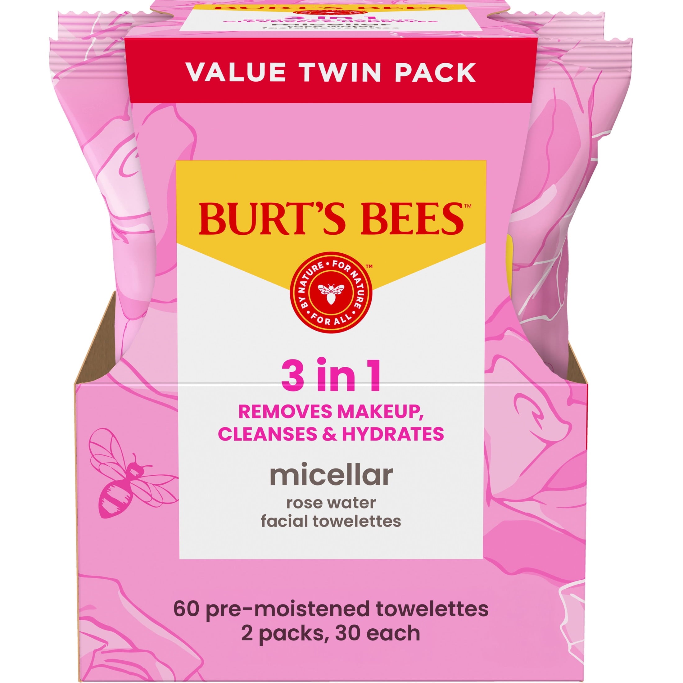 Burt's Bees Micellar Rose Water Facial Towelletes Value Twin Pack, 60 Count Total