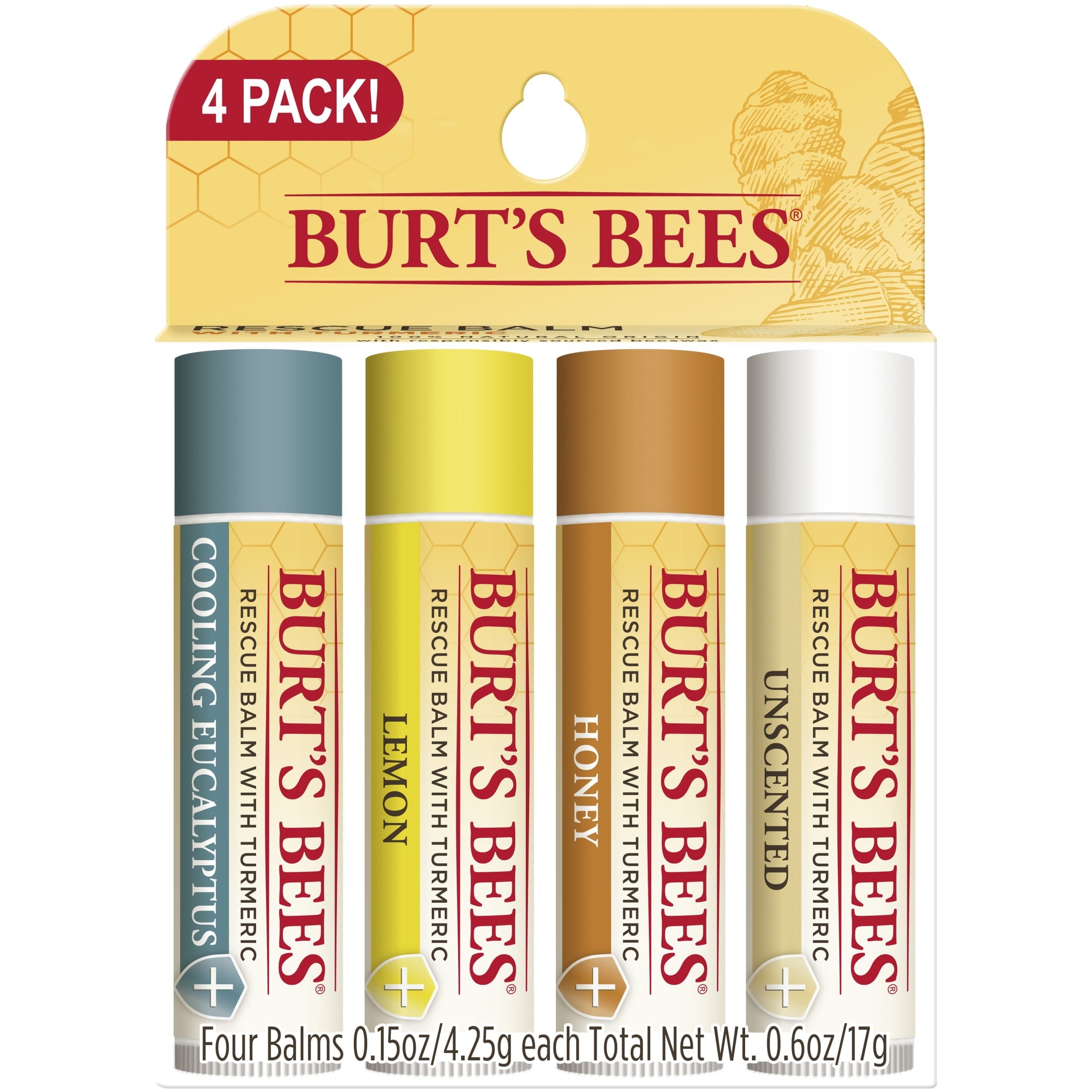 Burt's Bees Rescue Balm Lip Balm Pack, 4-Pack, 0.15 oz.