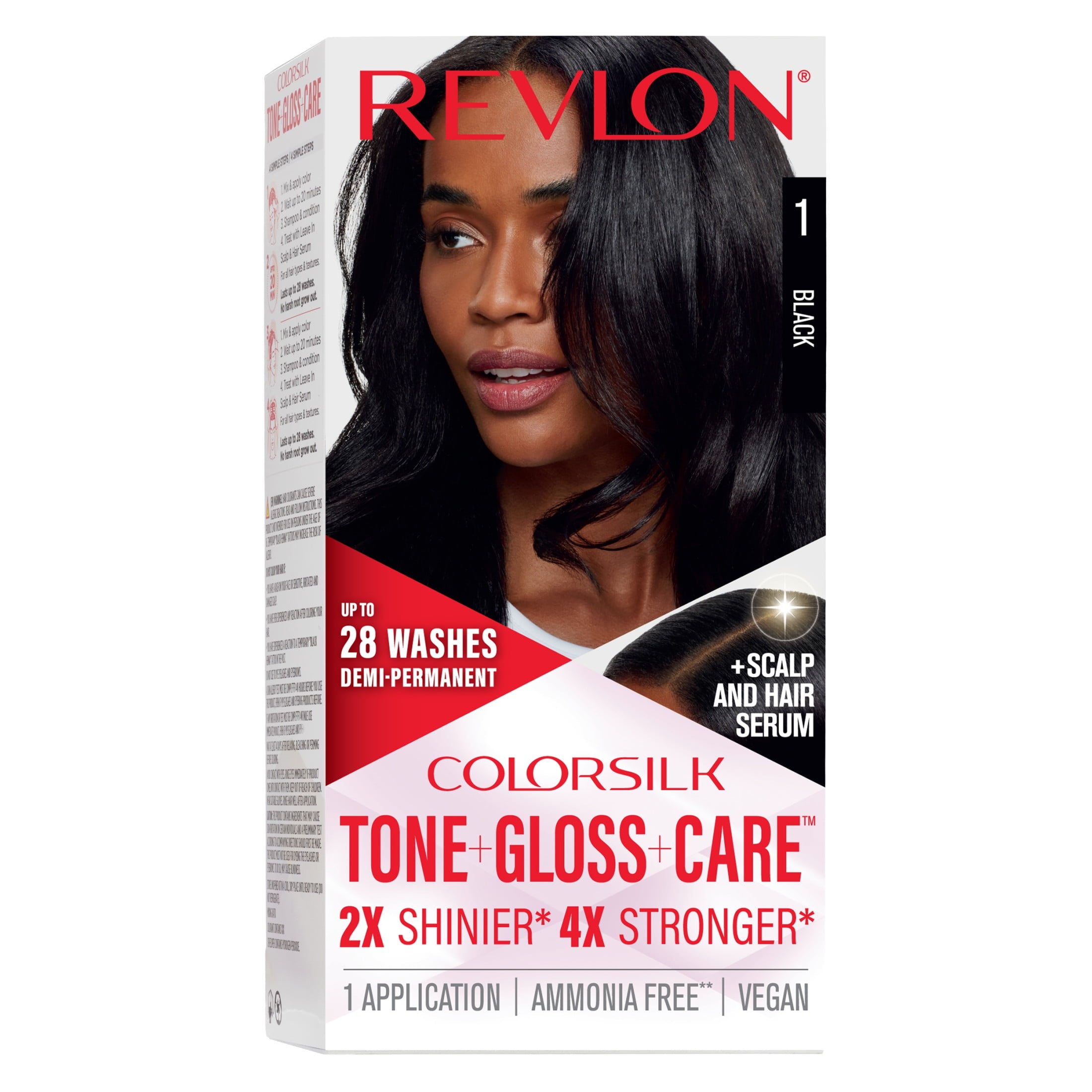 Revlon ColorSilk Tone + Gloss + Care Demi-Permanent Hair Color, 1 Black, 4.5 fl oz
