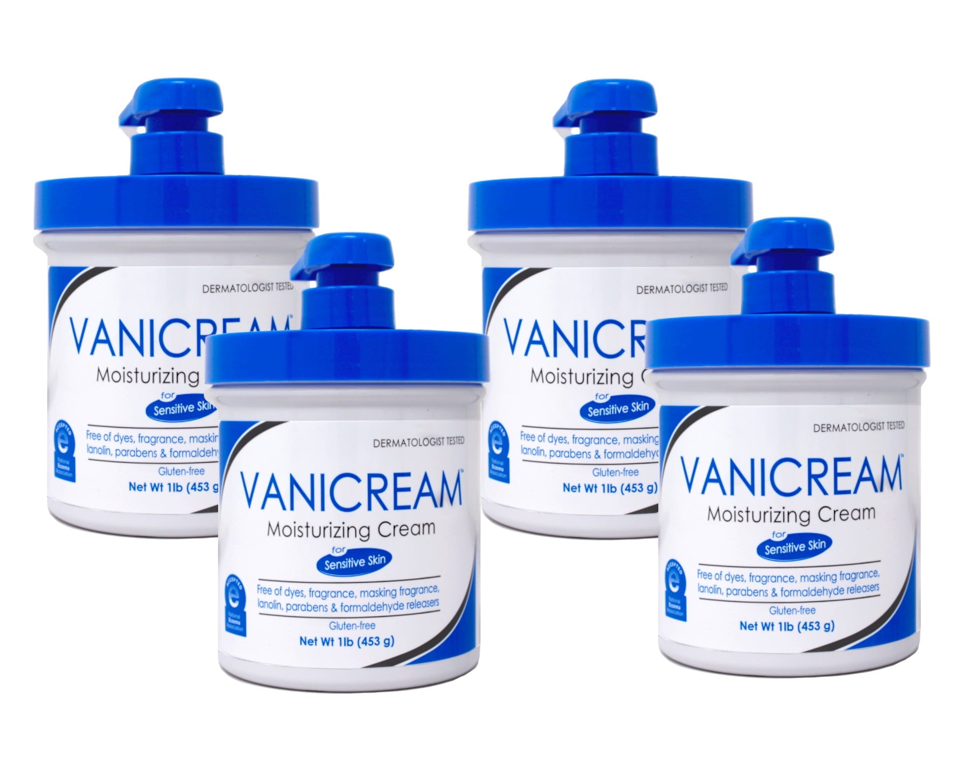 Vanicream Gentle Moisturizing Skin Cream for Sensitive Skin with Pump Dispenser, Unscented, 16 fl oz, 4 Pack