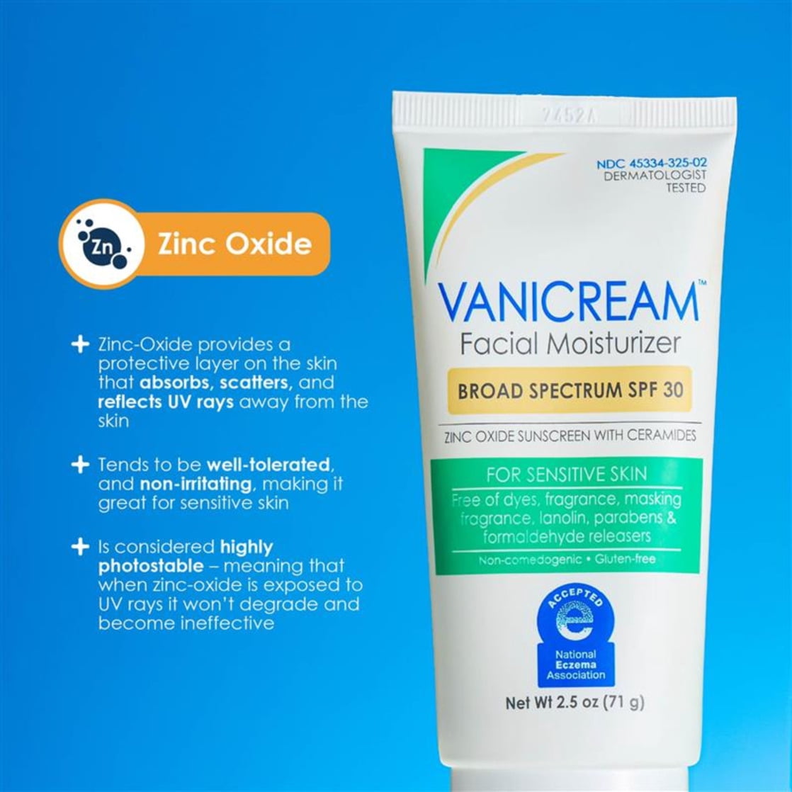 Vanicream Facial Moisturizer with SPF 30, Sunscreen with Ceramides, for Sensitive Skin, 2.5 OZ