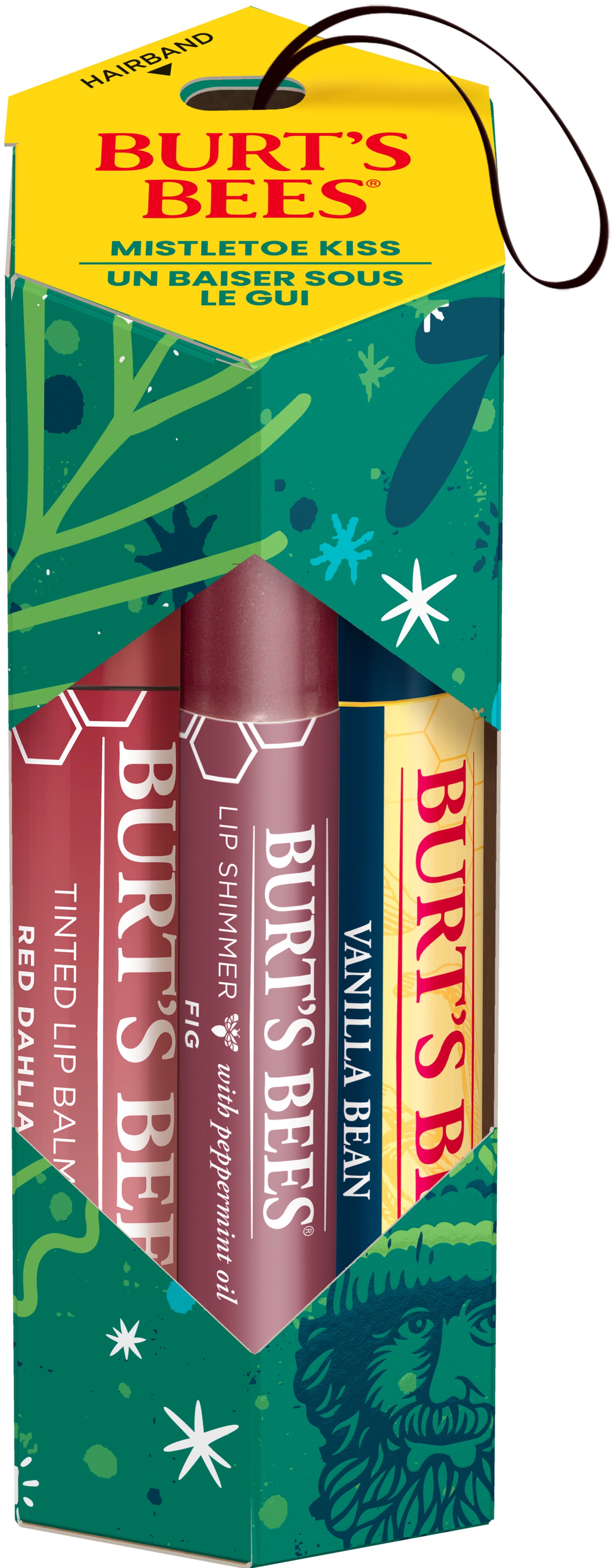 Burt's Bees Lip Balm, Tinted Lip Balm and Lip Shimmer Gift Sets, Mistletoe Kiss, Vanilla Bean/Red Dahlia/Fig, 3-Pack