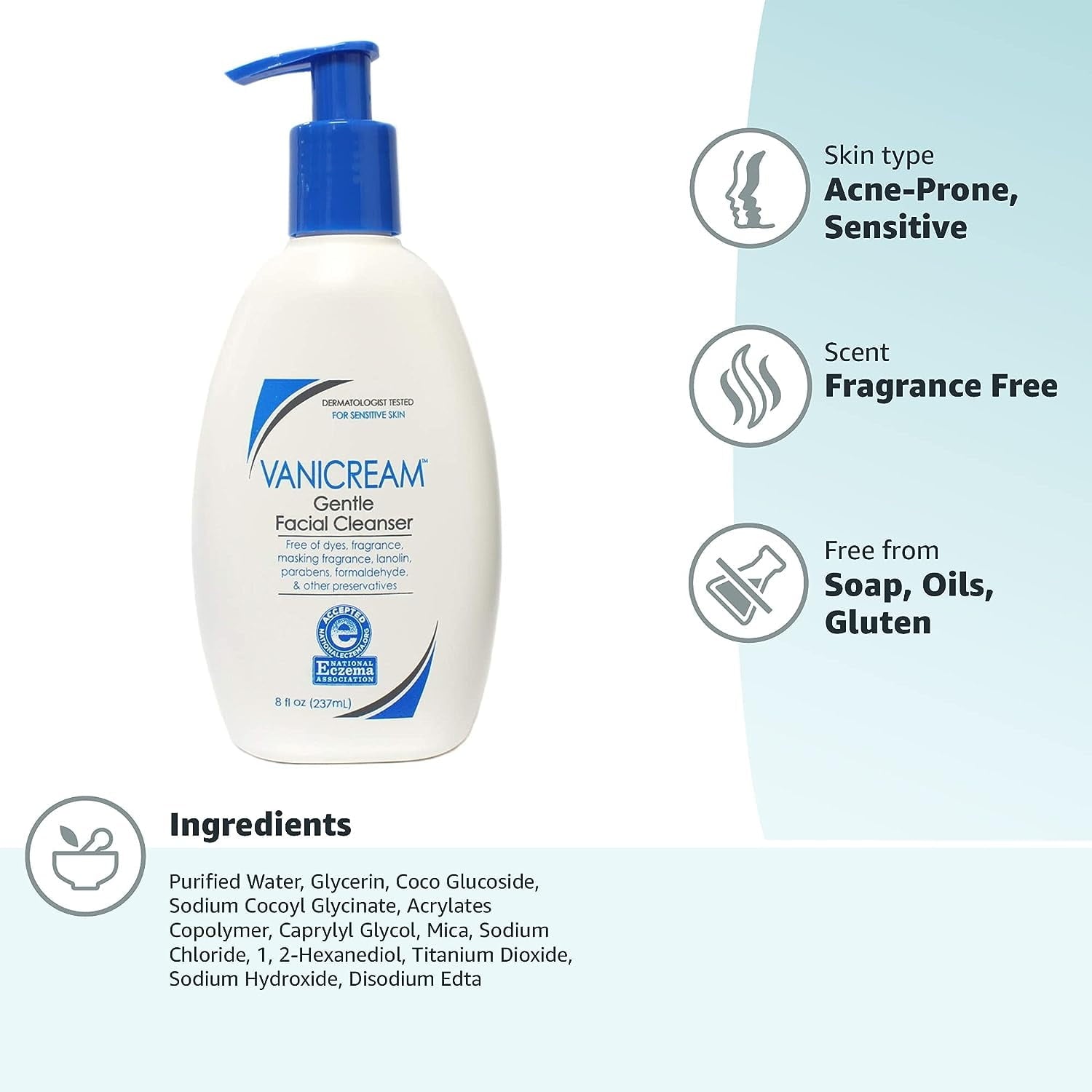 Vanicream Gentle Facial Cleanser For Sensitive Skin-Gluten Free, 8 oz (Pack of 2)