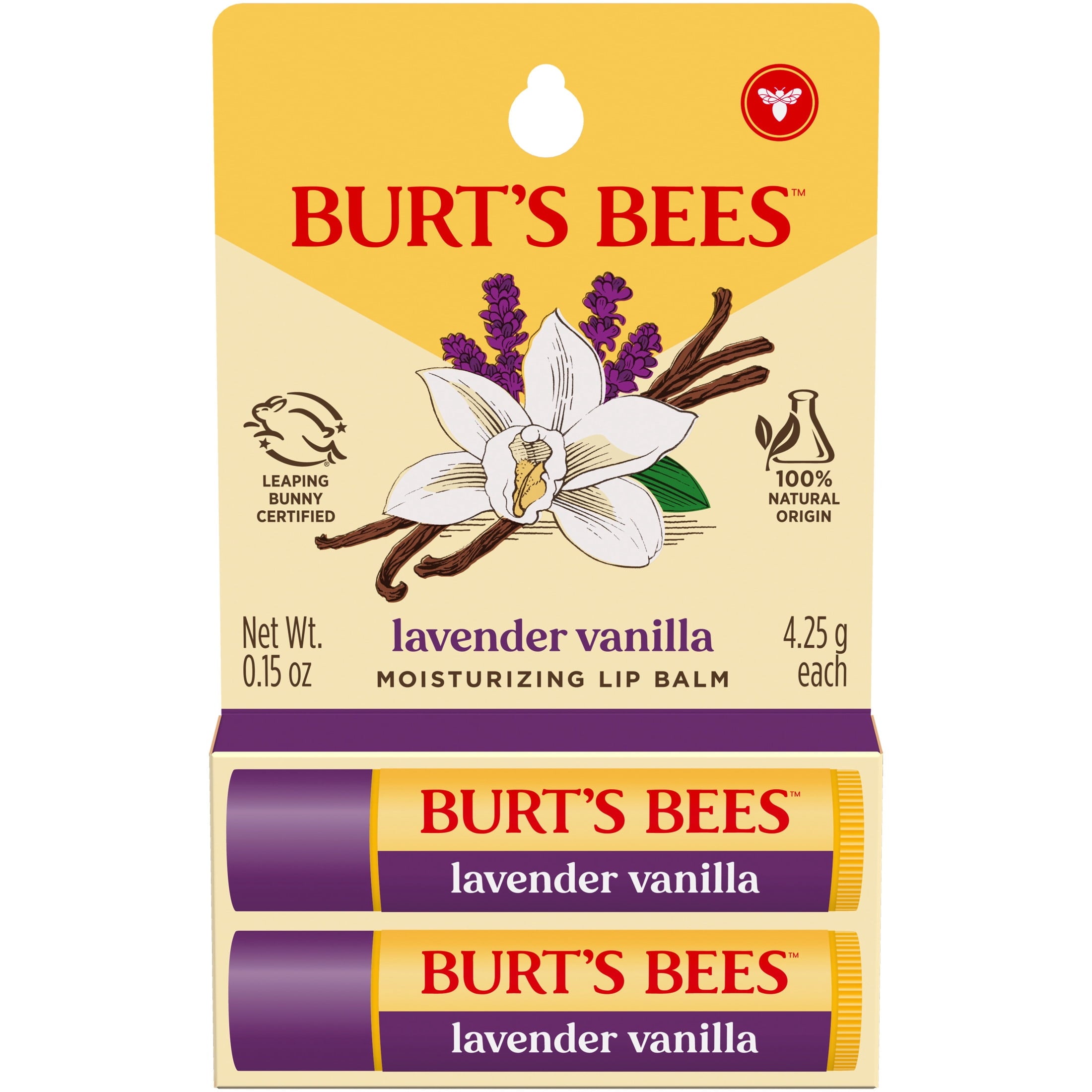 Burt's Bees Lavender Vanilla Moisturizing Lip Balm, 100% Natural Origin Lip Care, 2 Tubes, 0.15 oz.