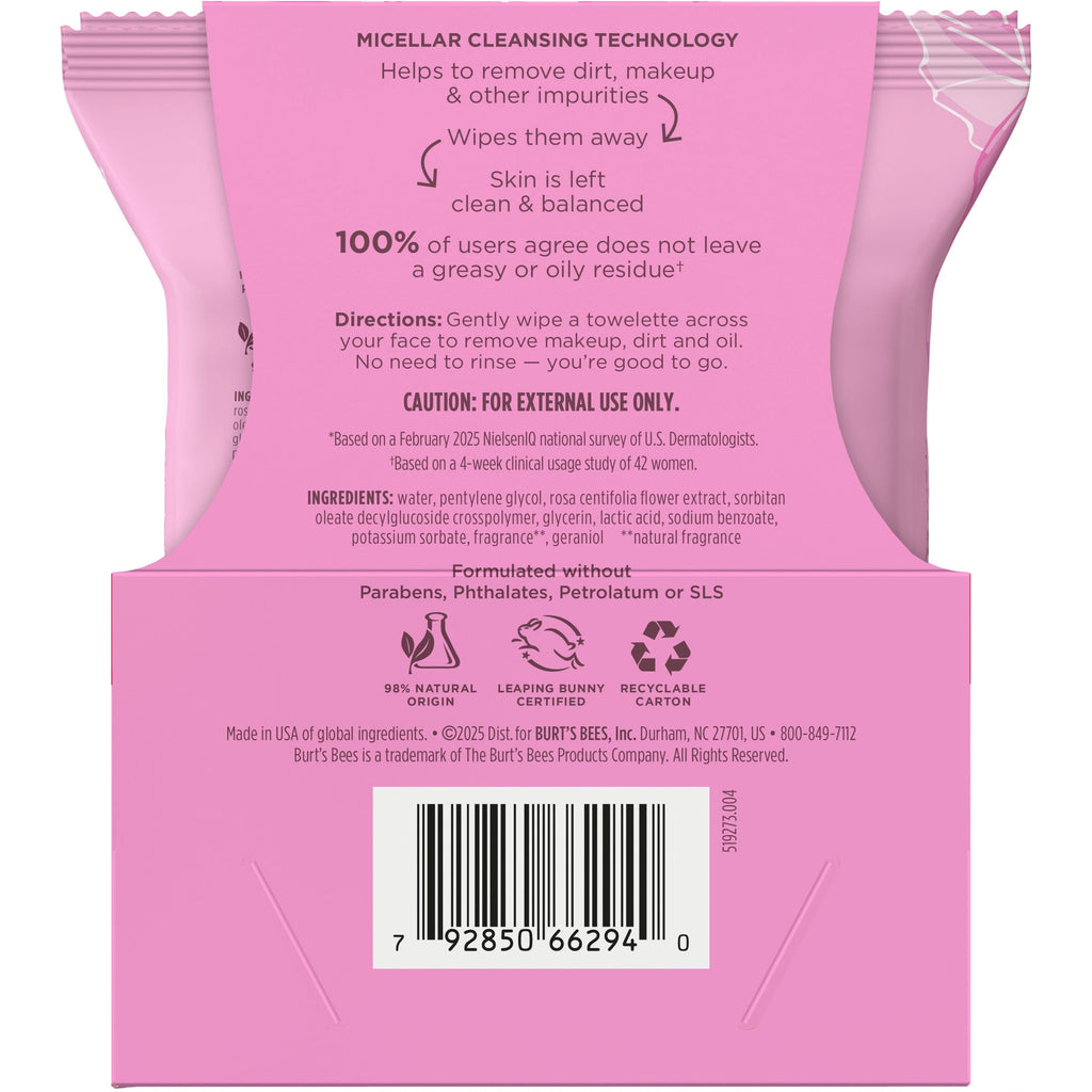 Burt's Bees Micellar Rose Water Facial Towelletes Value Twin Pack, 60 Count Total