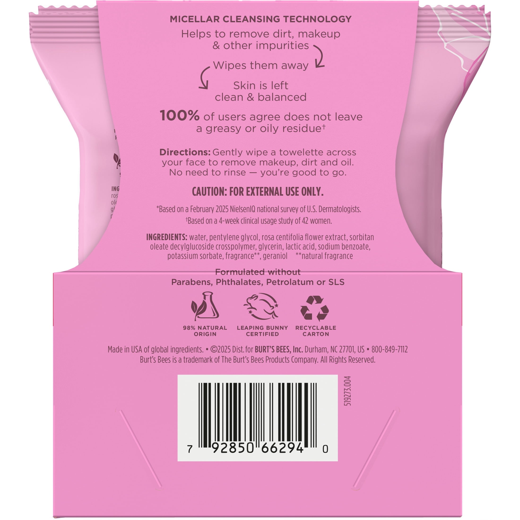 Burt's Bees Micellar Rose Water Facial Towelletes Value Twin Pack, 60 Count Total