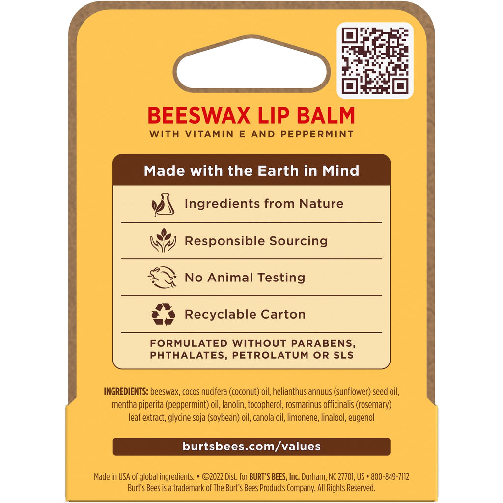 (2 pack) Burt's Bees 100% Natural Origin Moisturizing Beeswax Lip Balm, Peppermint, 1-Pack, 0.15 oz