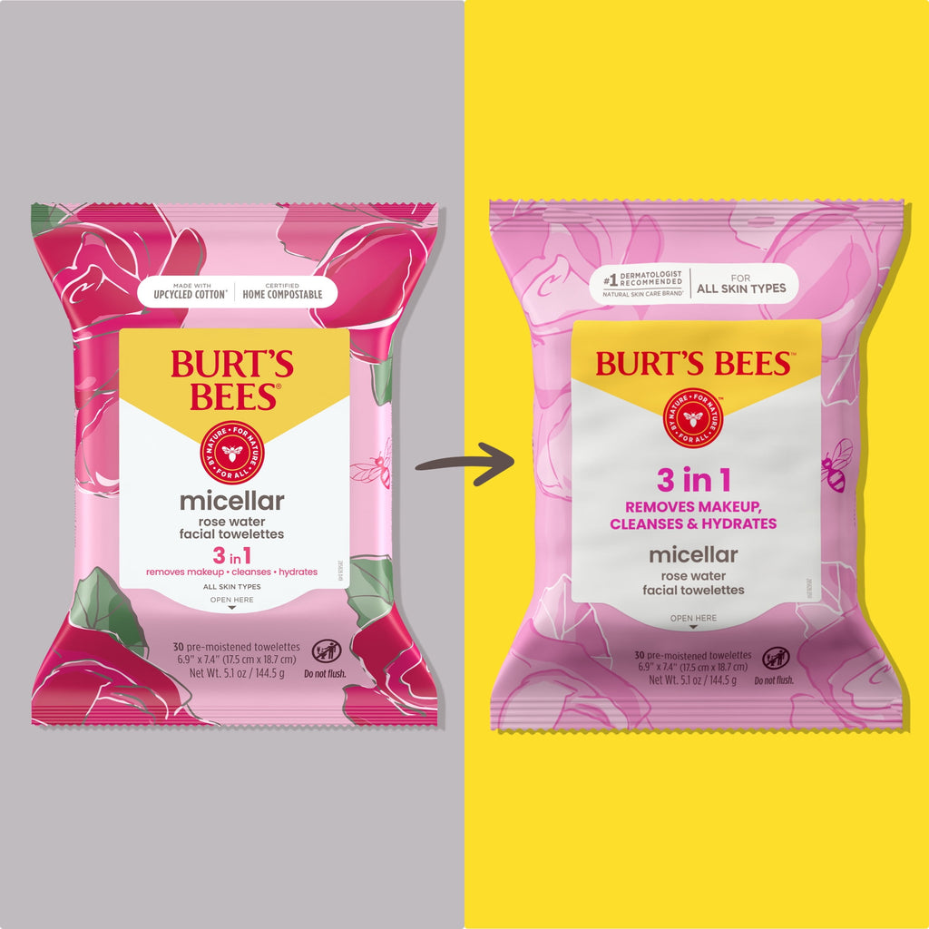 Burt's Bees Micellar Rose Water Facial Towelletes Value Twin Pack, 60 Count Total