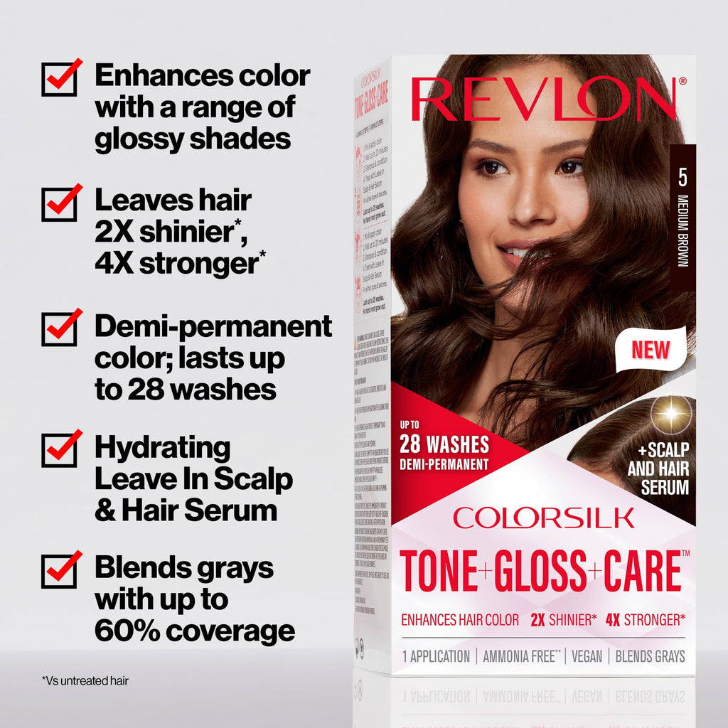 Revlon ColorSilk Tone + Gloss + Care Demi-Permanent Hair Color, 1 Black, 4.5 fl oz